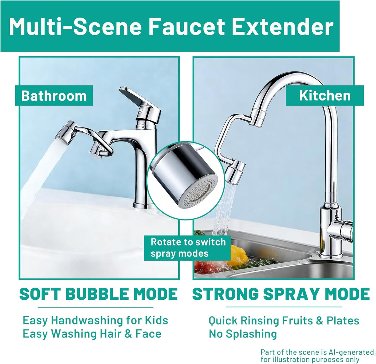 Faucet Extender for Toddlers,1080° Swivel 2-Spray Sink Aerator (Black)